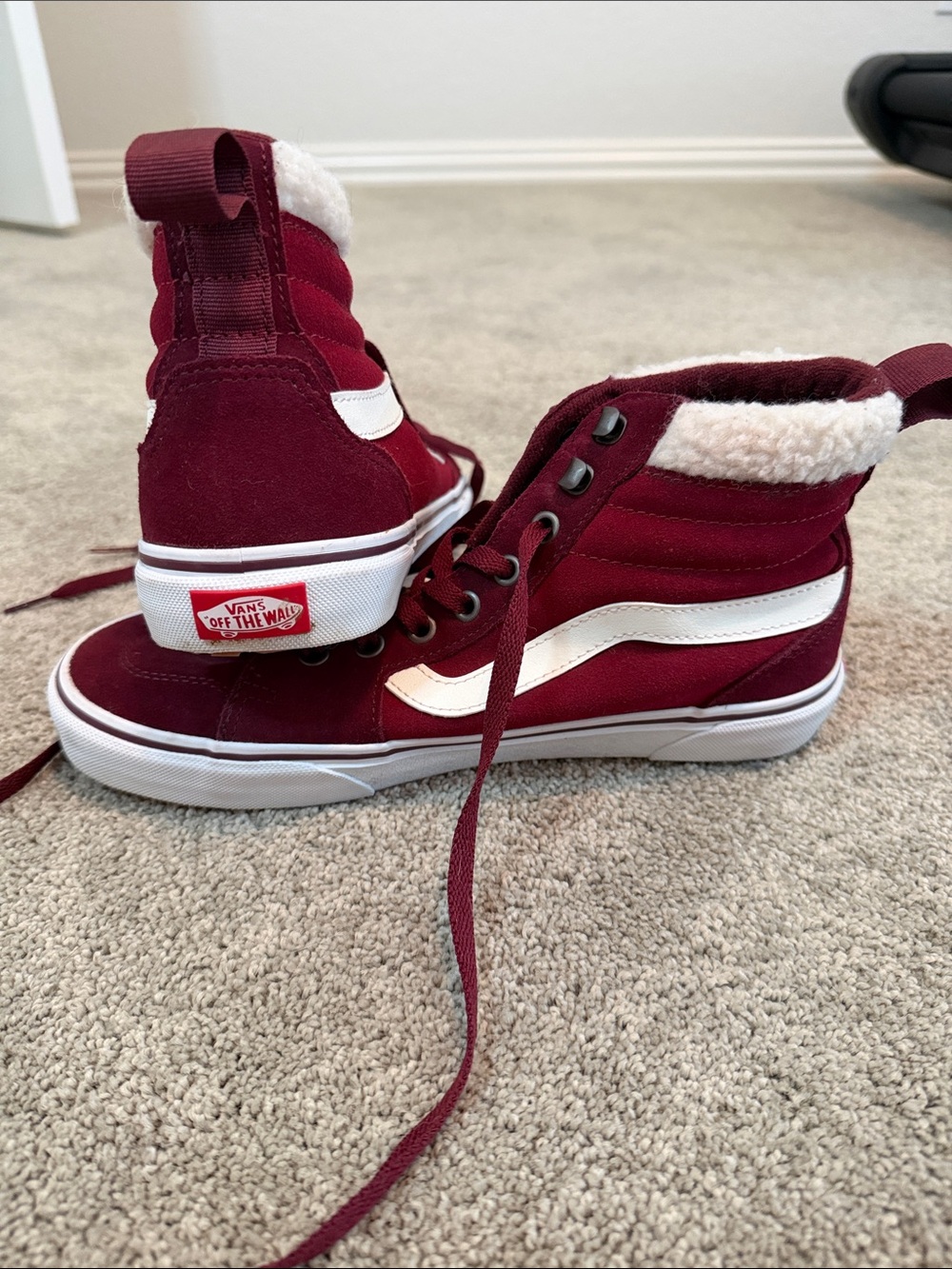 Vans women’s Burgundy High-Top Sneakers with White Side Stripe